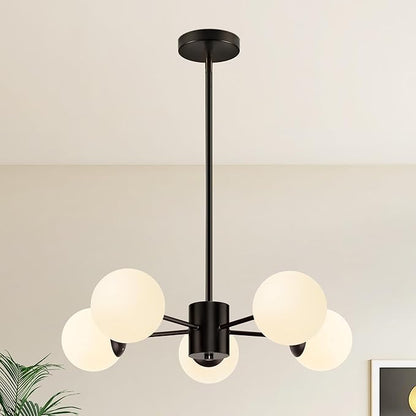 Bagood 5-Light Globe Sputnik Chandelier Mid Century Sputnik Chandeliers Modern Black Globe Pendant Light Matte Black Finished with White Frosted Glass Lampshade for Dining Room Bedroom Kitchen