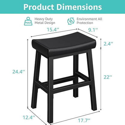 WINAZ 24 Inch Bar Stools for Kitchen Island, Kitchen Chairs Counter Height Stools with Footrest, Black Saddle Leather Barstools Heavy Duty for Dining Table Farmhouse Outdoor, 1 PC