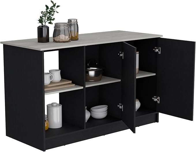 GOWE Juniper Kitchen Island with Large Top Surface, Double Door Cabinet, and Open Shelves Black/Ibiza Marble