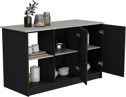 GOWE Juniper Kitchen Island with Large Top Surface, Double Door Cabinet, and Open Shelves Black/Ibiza Marble