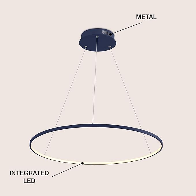 JONATHAN Y 35" Navy Modern Integrated LED Pendant Light, Dimmable Round Hoop Chandelier for Kitchen Island, Dining Room, Adjustable Height Metal Hanging Light (JYL7220F)