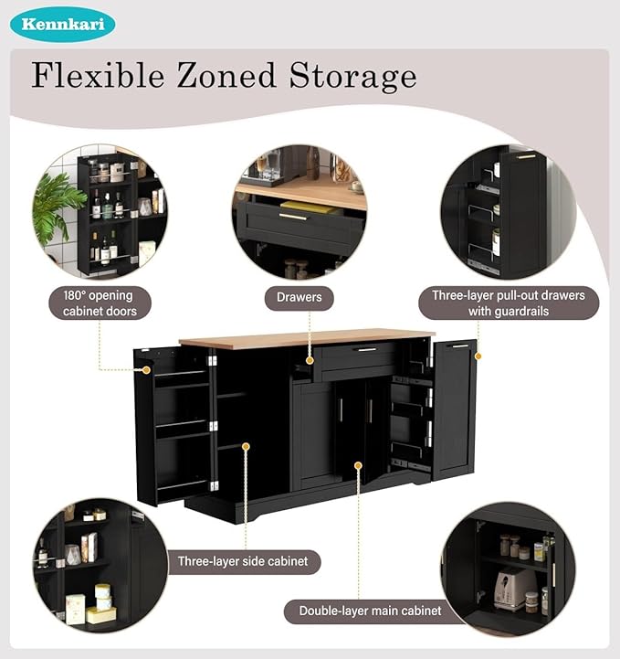 53.7'' Multi-Functional Storage Sideboard with Adjustable Shelves, Mid-Century Modern Console Table with 3-Tier Pull-Out Rack, Kitchen Island for Kitchen, Dining Room and Living Room (Black)