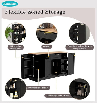 53.7'' Multi-Functional Storage Sideboard with Adjustable Shelves, Mid-Century Modern Console Table with 3-Tier Pull-Out Rack, Kitchen Island for Kitchen, Dining Room and Living Room (Black)