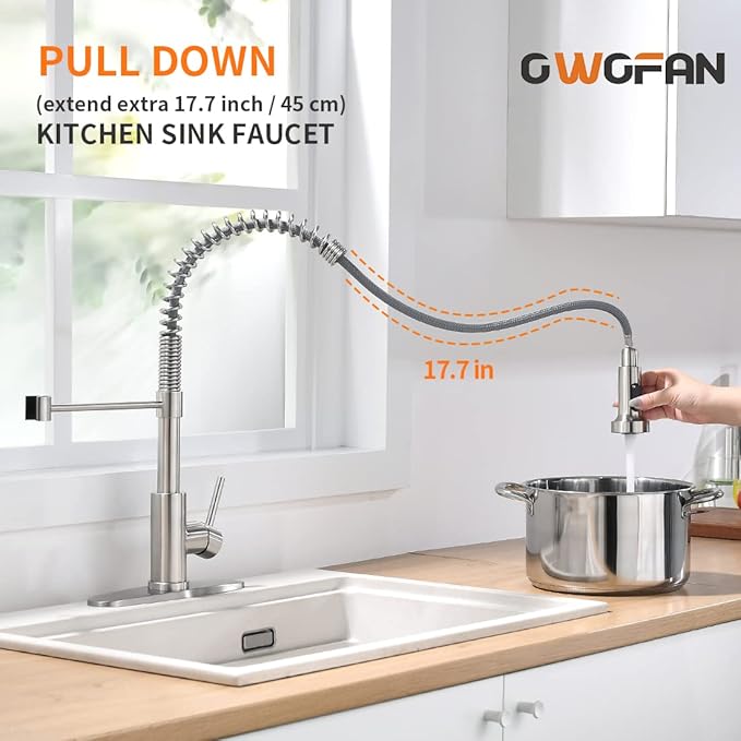 OWOFAN Kitchen Faucet with Pull Down Sprayer Brushed Nickel Stainless Steel 1 Handle Pull Out Spring Sink Faucets 1 Hole Or 3 Hole Dual Function for Farmhouse Camper Laundry Utility Rv Wet Bar