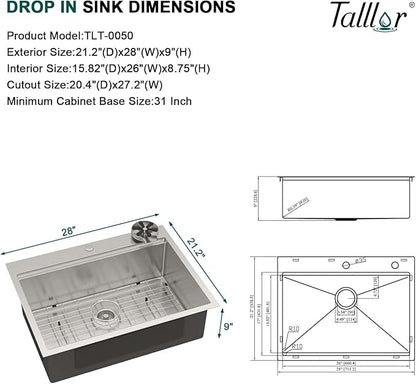 28 Inch Drop In Stainless Steel Kitchen Sink, 16 Gauge Single Bowl Workstation 3-Hole Sink with Cup Washer, Mixing Bowl, and Pasta Strainer #TLT-0047