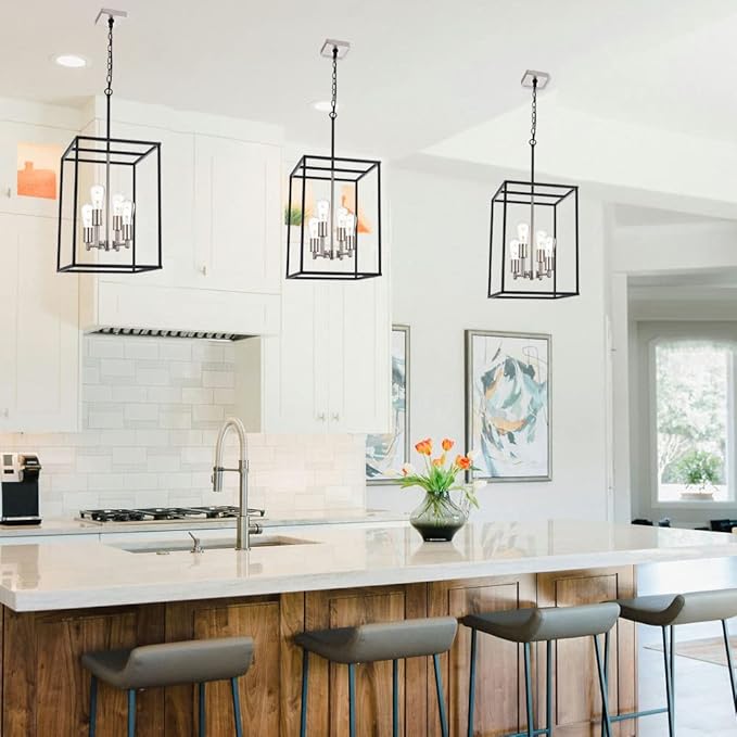 VINLUZ 4-Light Lantern Chandelier Light Fixture Black and Brushed Nickel Finish Industrial Farmhouse Pendant Lighting Square Cage Kitchen Island Hanging Ceiling Light for Dining Room