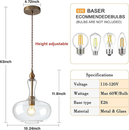 Glass Pendant Light Vintage Brass Kitchen Island Pendant Light with Clear Glass Shade for Dining Room Kitchen Entrance Stairs