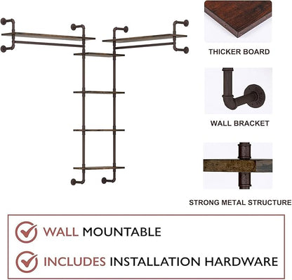 Helsin 5-Tiers 74inch Large Rustic Industrial Pipe Floating Shelving, Wall Mounted Heavy Duty Clothes Rack with Double Hanging Rods Display Storage Rack for Bedroom Organization & Home Décor