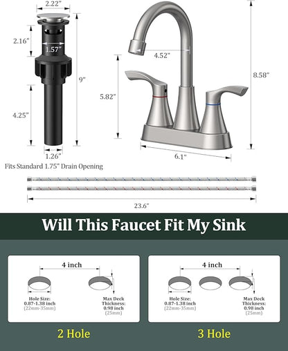 Brushed Nickel Bathroom Faucet 3 Hole, Evolvegoods 4 Inch Stainless Steel Bathroom Sink Faucet, 2 Handle Centerset Faucet for Bathroom Sink Vanity, with Pop Up Drain and 2 Supply Hoses