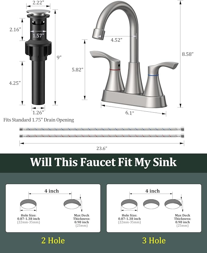 2 Pack Brushed Nickel Bathroom Faucet 3 Hole, Evolvegoods 4 Inch Stainless Steel Bathroom Sink Faucet, 2 Handle Centerset Faucet for Bathroom Sink Vanity, with Pop Up Drain and 2 Supply Hoses