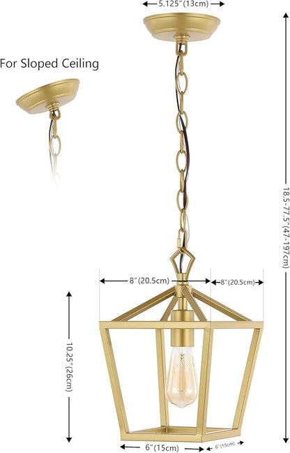 JONATHAN Y 8" Gold Painting Lantern Pendant Light, 1-Light Pagoda Style Metal Cage Farmhouse Hanging Ceiling Fixture for Kitchen Island, LED Bulb Included (JYL7618B)