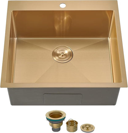 SHACO 18x18 Inch Gold Bar Sink, 18 Inch Drop In Gold Small Kitchen RV Laundry Utility Sink, Top Mount 16 Gauge Stainless Steel Single Bowl