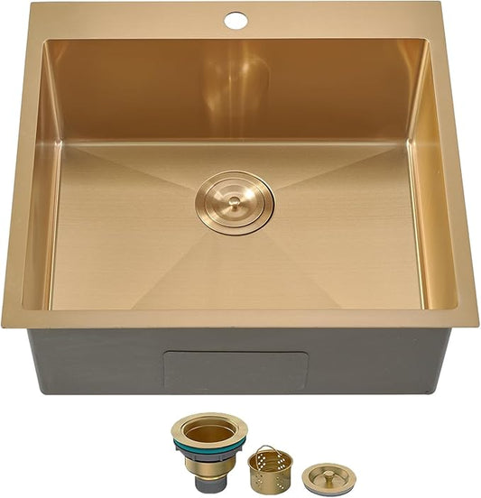 SHACO 18x18 Inch Gold Bar Sink, 18 Inch Drop In Gold Small Kitchen RV Laundry Utility Sink, Top Mount 16 Gauge Stainless Steel Single Bowl
