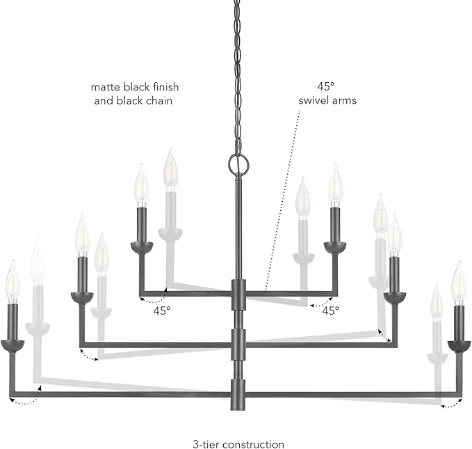 Globe Electric 67000125 6-Light Chandelier, Matte Black, 3-Tier Construction, Black Chain, Swivel Arms, Candelabra Base Bulbs, Ceiling Light Fixture, Chandeliers for Dining Room, Home Decor