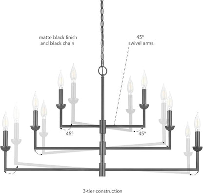 Globe Electric 67000125 6-Light Chandelier, Matte Black, 3-Tier Construction, Black Chain, Swivel Arms, Candelabra Base Bulbs, Ceiling Light Fixture, Chandeliers for Dining Room, Home Decor