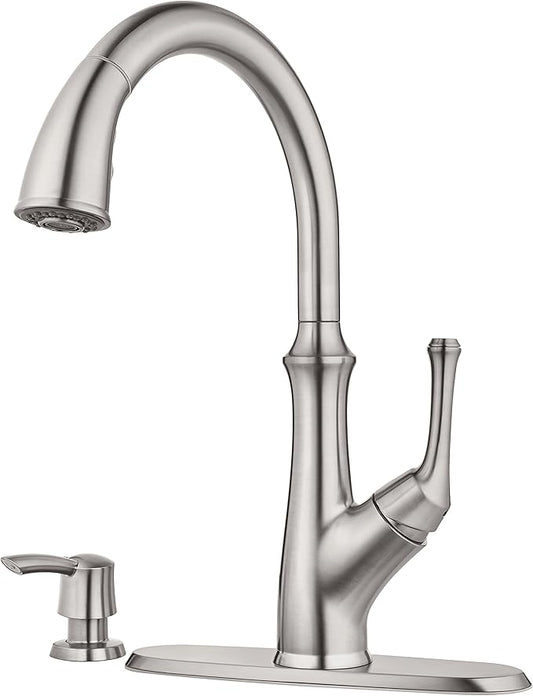 Pfister Tamera Kitchen Faucet with Pull Down Sprayer and Soap Dispenser, Single Handle, High Arc, Stainless Steel Finish, F5297TAS