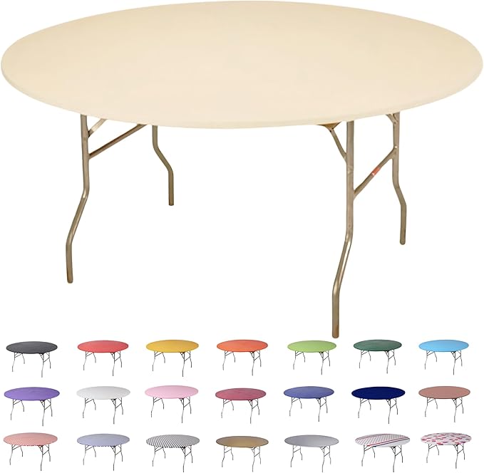 Kwik-Covers 10 Pack of Round Plastic Table Covers - 60" or 72" Round - Indoor or Outdoor Fitted Covers (Tables NOT Included) (Ivory, 60" Round)