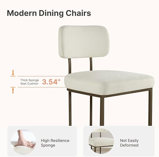 KISLOT Dining Chairs Set of 4, Upholstered Modern Kitchen Chairs with Ergonomic Backrest, Fabric Cushion & Wire Drawing Curve Metal Legs for Living Room, Restaurant, Café, Ivory, 2Boxs