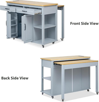 GOWE 47 inch Kitchen Island with Extendable Dining Table, Rubber Wood Veneer Kitchen Table with Internal Storage Rack, Power Outlet, Kitchen Island with Storage 2 Drawers 2 Cabinet,Grey Blu