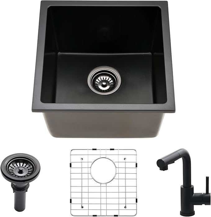 Black Bar Sink Undermount,16x16 Inch Small Wet Bar Sink Granite Composite Single Bowl Quartz Outdoor Rv Sink for Home Kitchen, Sink with Faucet Combo