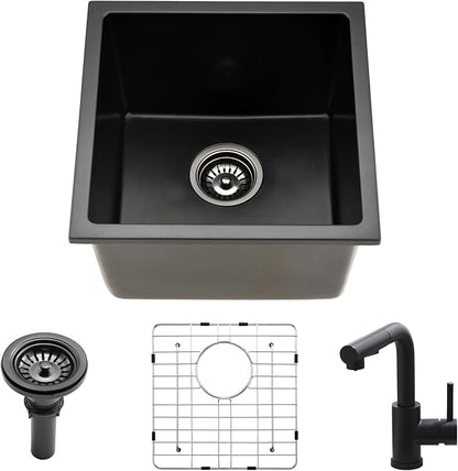 Black Bar Sink Undermount,16x16 Inch Small Wet Bar Sink Granite Composite Single Bowl Quartz Outdoor Rv Sink for Home Kitchen, Sink with Faucet Combo