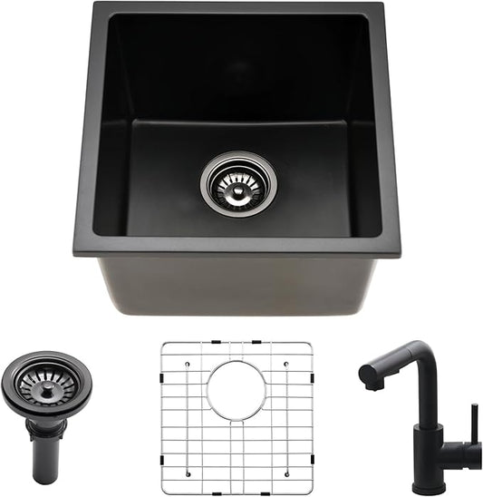 Black Bar Sink Undermount,16x16 Inch Small Wet Bar Sink Granite Composite Single Bowl Quartz Outdoor Rv Sink for Home Kitchen, Sink with Faucet Combo