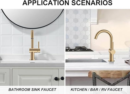 KENES Champagne Bronze Bathroom Faucet 1 Hole, Single Handle Gold Bathroom Sink Faucet for Vanity, Bar Sink Faucet with Drain Assembly & Deck Plate, Farmhouse RV Camper Outdoor Faucet, KE-9005B-CB