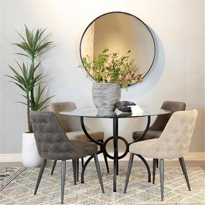 Pemberly Row 48" Round Contemporary Metal Dining Table, Clear Tempered Glass Top, Gunmetal Finish, Stylish Interlocking Ring Base, Chic Transitional Design for Breakfast Nook or Eat-in Kitchen