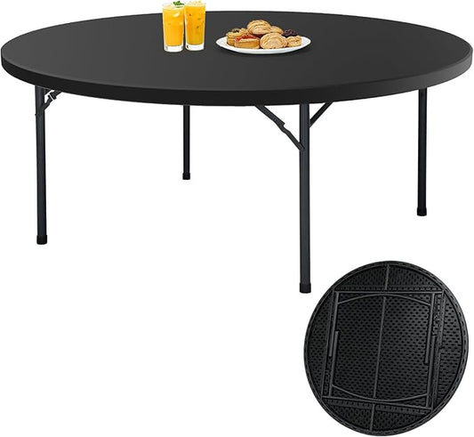 71" Folding Round Table, Plastic Dinner Table, Portable Folding Banquet Table for Living Room, Party or Outdoor Event, Black