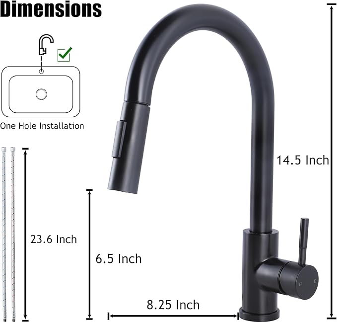 Hotis Black Kitchen Faucet with Pull Down Sprayer, High Arc Stainless Steel Sink Faucet, Single Handle Bar Faucet Black, Commercial Farmhouse RV Bar Sink Faucet, HT-KBD101B