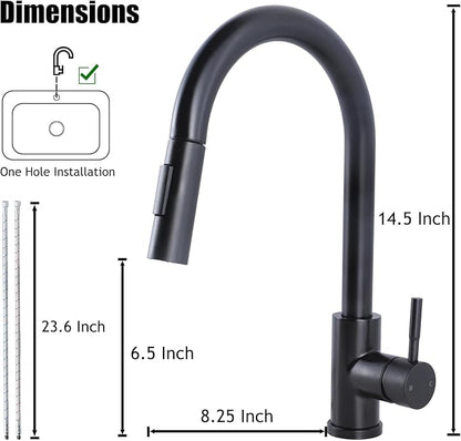 Hotis Black Kitchen Faucet with Pull Down Sprayer, High Arc Stainless Steel Sink Faucet, Single Handle Bar Faucet Black, Commercial Farmhouse RV Bar Sink Faucet, HT-KBD101B