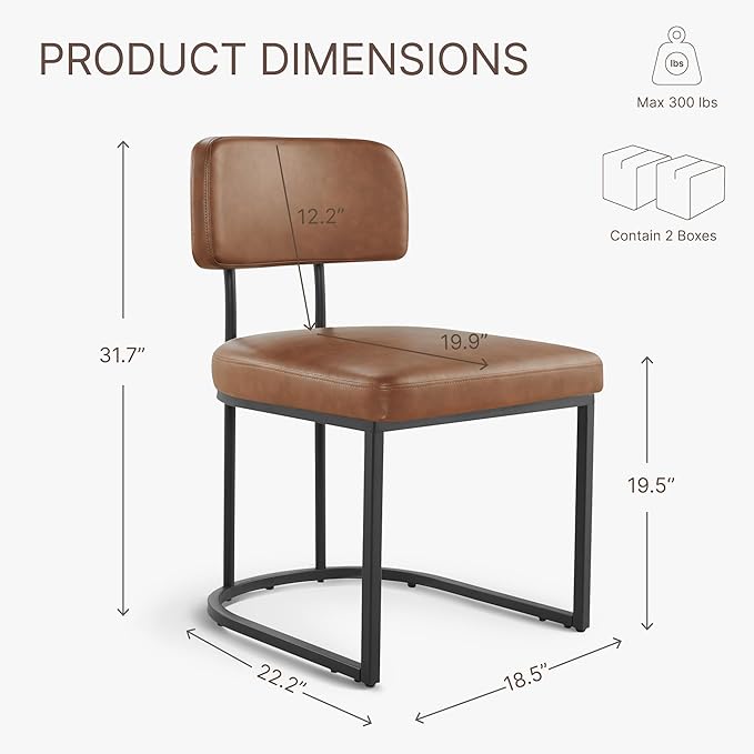 KISLOT Dining Chairs Set of 6, Upholstered Modern Kitchen Chairs with Ergonomic Backrest, Faux Leather Cushion Seat & Metal Legs for Living Room, Restaurant, and Café, Brown, 2 Boxs