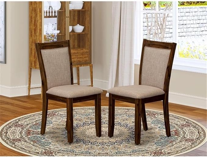 East West Furniture MZCNT04 Monza Modern Parson Dining Chairs - Light Tan Linen Fabric Upholstered Chairs, Set of 2, Antique Walnut