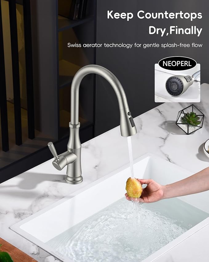APPASO Kitchen Faucets with Pull Down Sprayer 3-Mode, 360° Swivel, 20-Inch Hose, Single Handle High Arc SUS 304 Stainless Steel Brushed Nickel Faucet with Deck Plate for 1-3 Hole Sink