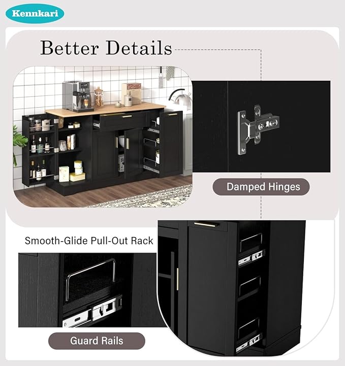 53.7'' Multi-Functional Storage Sideboard with Adjustable Shelves, Mid-Century Modern Console Table with 3-Tier Pull-Out Rack, Kitchen Island for Kitchen, Dining Room and Living Room (Black)