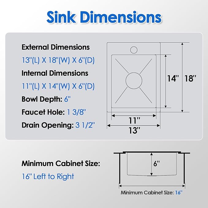 ROVOGO 13 x 18 Inch Drop-In Bar Sink, 304 Stainless Steel Single Bowl Kitchen Prep Sink with Faucet Hole, 6-Inch Depth Small Sink for RV, Basement & Wet Bar, Includes Drain Assembly - Brushed Finish