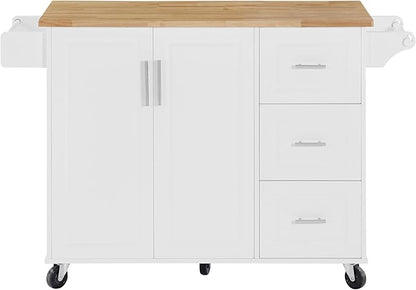 Modern Dining Table Expandable Kitchen Island with Drop Countertop Cabinet Tower Rack Rolling Cart Wheels Wood Console,White