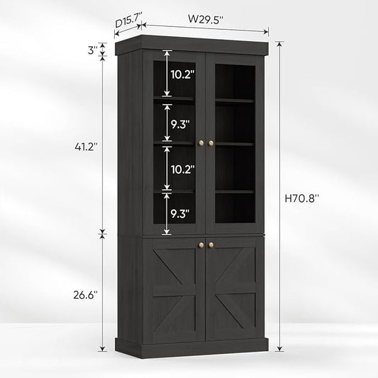 ivaniti 71" Tall Farmhouse Kitchen Pantry, Rustic Large Storage Cabinet with Glass Doors, Adjustable Shelves, Wood Versatile Hutch Cabinet for Dining Room, Living Room, Black 2 Pcs