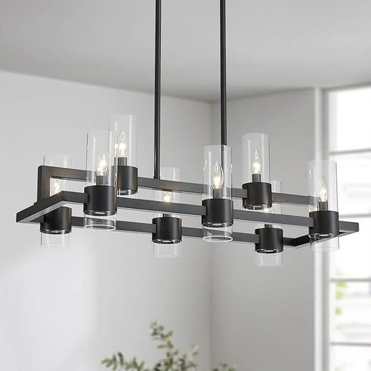 WUZUPS Island Rectangle Chandelier 8-Light with Clear Glass Industrial Modern Farmhouse Linear Light Fixture for Dining Room Kithen Island, Width 33.5" Height 12.6", Black