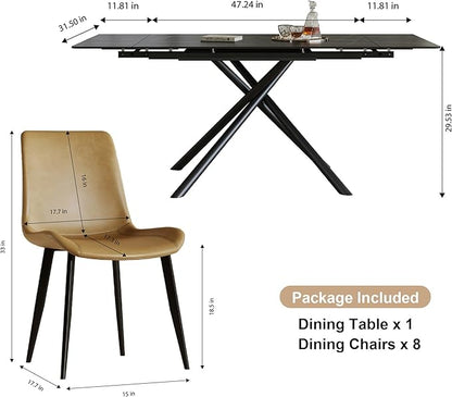 Runboll Extendable Rectangular Dining Table Set for 8, 47"-71" Modern Sintered Stone Kitchen Table with 8 Chairs and Carbon Steel Legs for Dining Room Family Gathering