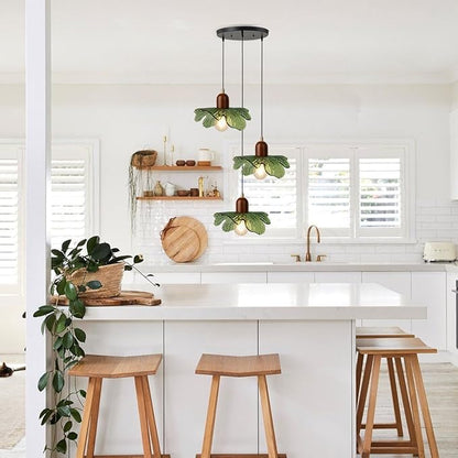Art Deco Chandelier 3-Light Green Glass Pendant with Walnut Wood Base, Black Vintage Design, Adjustable Height Hanging Lamp for Dining Table, Living Room, Mid Century Inspired Lighting