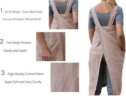 Larmliss Women's Pinafore Square Apron Baking Cooking Gardening Works Cross Back Cotton/Linen Blend Dress with 2 Pockets