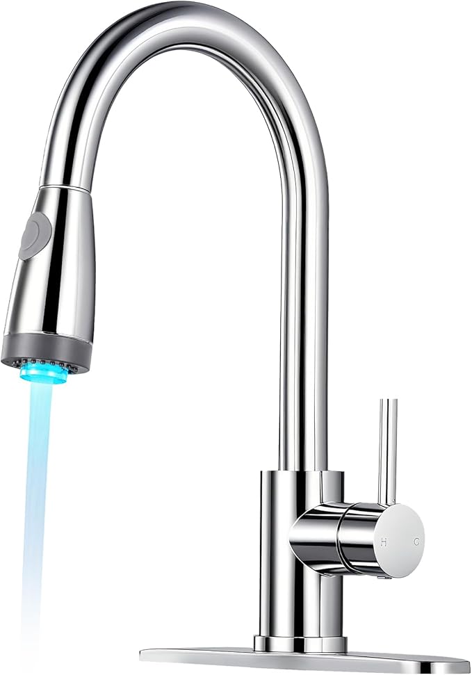 LED Kitchen Faucet with Pull Down Sprayer - Polished Chrome Single Handle Kitchen Faucets, High Arc Stainless Steel Pull Out Kitchen Sink Faucet with Deck for RV Laundry Farmhouse Bar