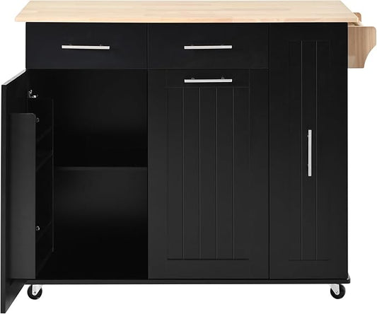 Modern Dining Table Kitchen Island with Drop Expandable Cart 3 Tier Pull Out Cabinet Organizer Internal Rack Rolling Cart on Wheels with Towel Rack,Black-Wood