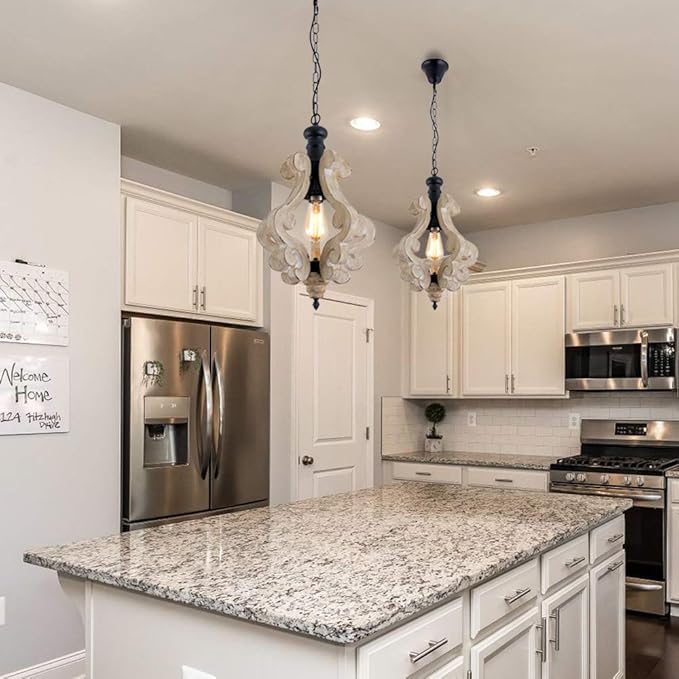 Kitchen Light Fixtures,Farmhouse Pendant Light Single Adjustable Rustic Wooden Hanging Island Chandelier