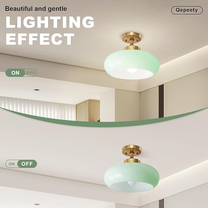 Vintage Mint Green Glass Flush Mount Ceiling Light, Gold Mid Century Modern Ceiling Lamp, Closet Ceiling Fixture for Kitchen, Hallway, Living Room, Bedroom, Laundry Room