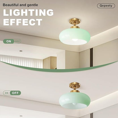 Vintage Mint Green Glass Flush Mount Ceiling Light, Gold Mid Century Modern Ceiling Lamp, Closet Ceiling Fixture for Kitchen, Hallway, Living Room, Bedroom, Laundry Room