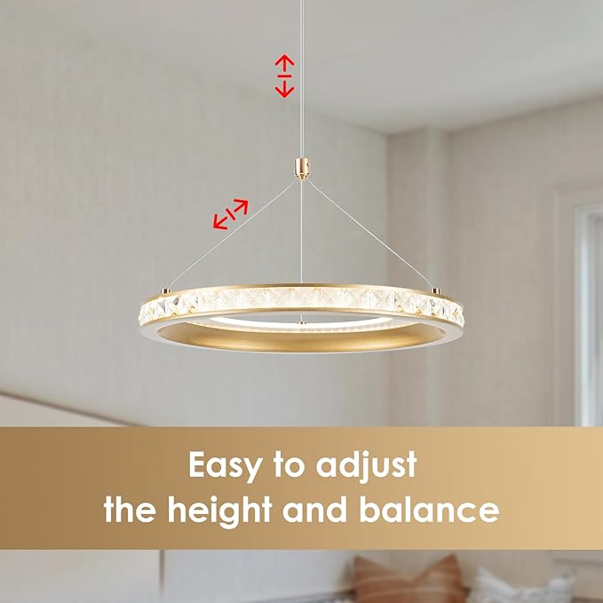 CHYING 3 Pack Modern Gold LED Crystal Pendant Light, 11.8" 24W 3500K Warm White Hanging Pendant Light Kitchen Island, Ring Ceiling Lights for Bedroom Dining Room Hallway