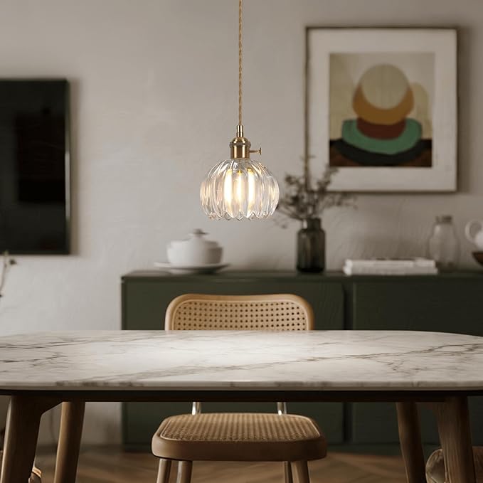 Mini Flower Hanging Lamp Plug in Pendant Light Fixtures, 15Ft Clear Glass Pendant Lights Kitchen Island Dining Room Bedroom Living Room, LED Bulb Included