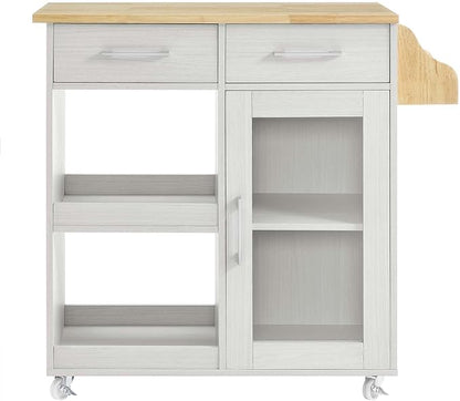 Modway Culinary Rolling Kitchen Cart with Storage in White Natural - 3 Tiers Kitchen Island on Wheels with Spice Rack, Functional as a Coffee Station, Bar Cabinet or Butcher Block Island
